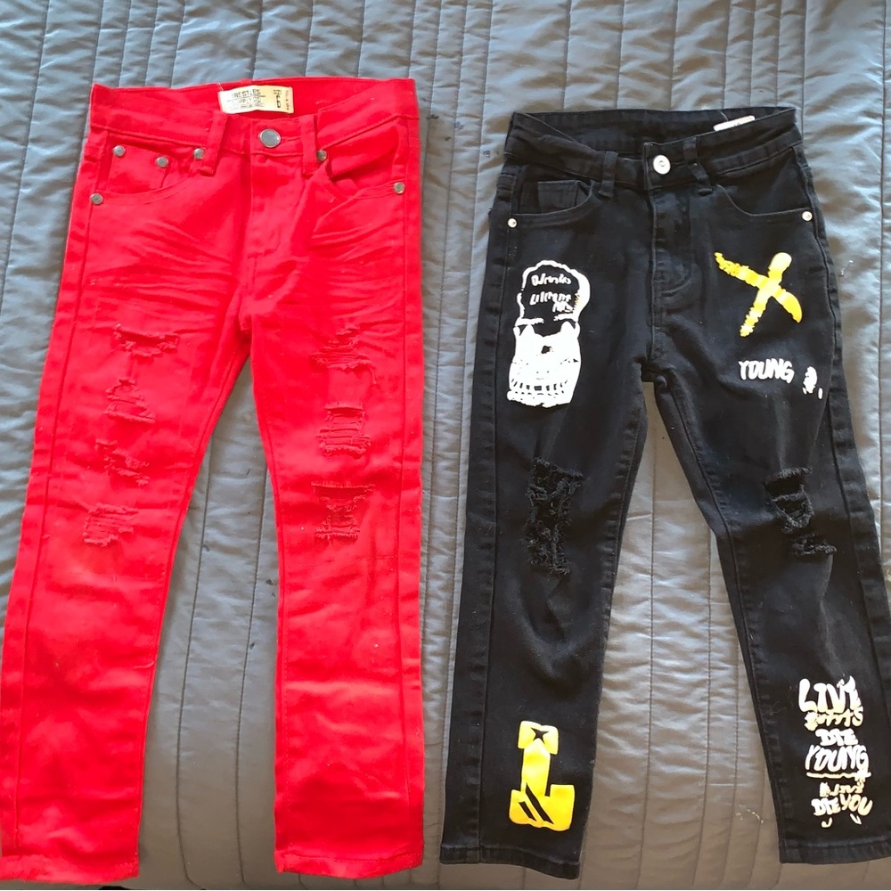 Red and Black Distressed Skinny Jeans with Graphic Designs